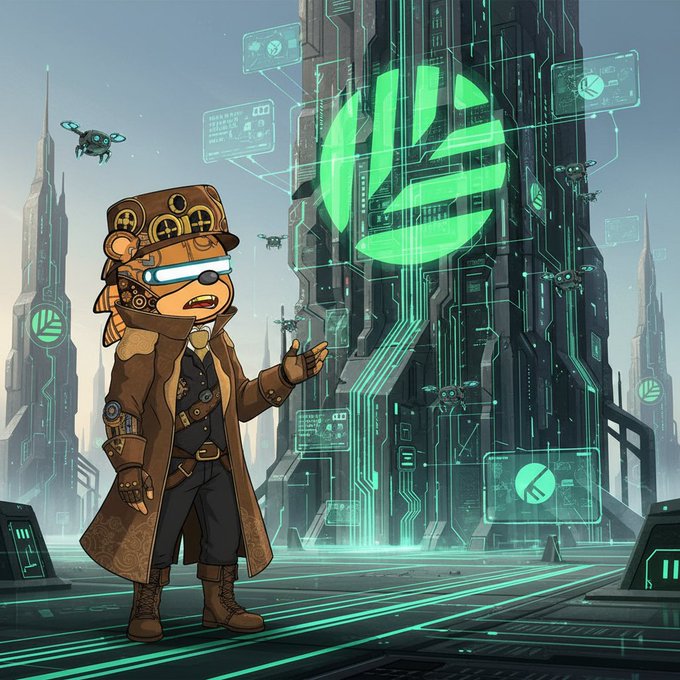 A cyberpunk-style digital artwork featuring a steampunk character with a VR headset standing before a large green glowing logo, surrounded by flying drones and holographic screens in a futuristic cityscape.