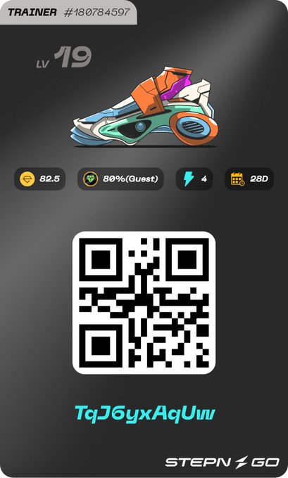 The image features a black background with a QR code displayed, which appears to be a training or exercise program for a video game called "Stepn Go". The code reads "TqJ6yxAqUw" and there are three coins in the bottom left corner of the image.