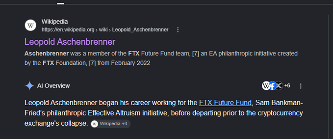 A Google search result about Leopold Aschenbrenner from Wikipedia, noting he was a member of the FTX Future Fund team, with an AI Overview stating he worked for Sam Bankman-Fried's philanthropic Effective Altruism initiative before departing prior to the cryptocurrency exchange's collapse.