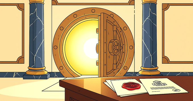 A massive open bank vault door glows with golden light inside a classical chamber, while a desk in the foreground holds documents stamped with a red wax seal and official paperwork. The image symbolizes Sony Bank's approved entry into stablecoins—a major vault opening for traditional finance into digital assets.

No specific text, numbers, or tickers are visible in the image.