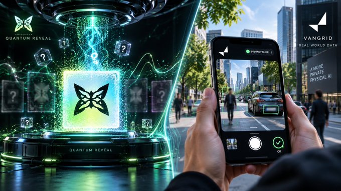 A promotional graphic split into two scenes: on the left, a glowing green 'QUANTUM REVEAL' butterfly NFT display, and on the right, hands using the 'VANGRID' app to capture a city street scene labeled 'PRIVACY MODE'.