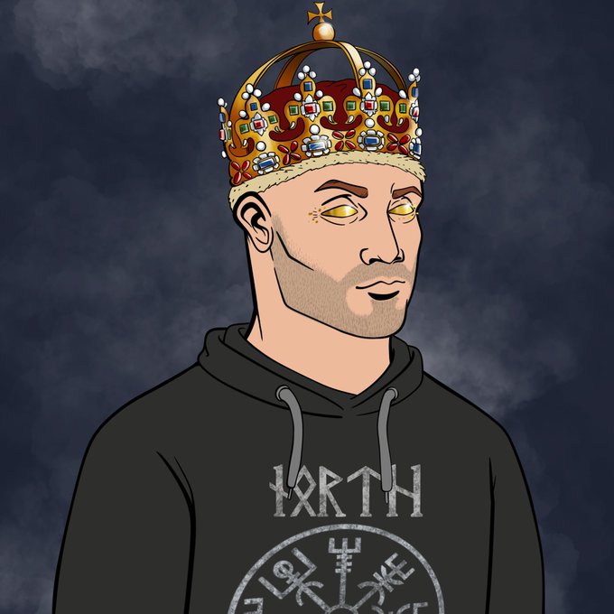An illustrated portrait of a bearded man wearing a black "NORTH" hoodie and an ornate red and gold crown against a dark cloudy background.