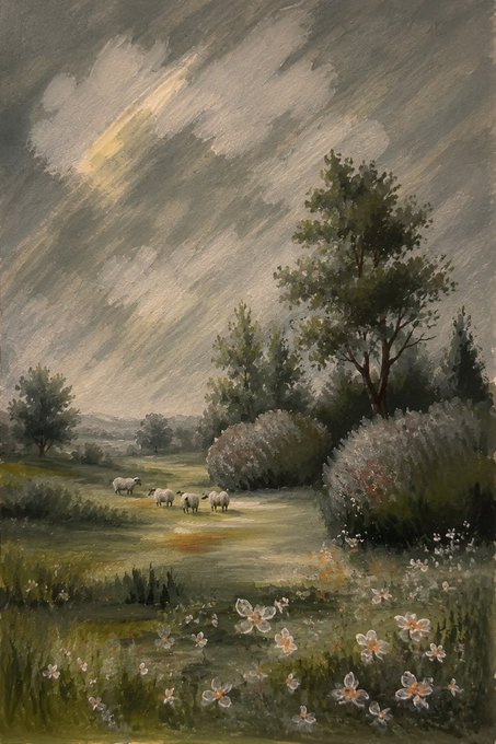 An impressionistic landscape painting of a pastoral scene with sheep grazing in a field, trees, white flowers in the foreground, and a cloudy sky overhead.