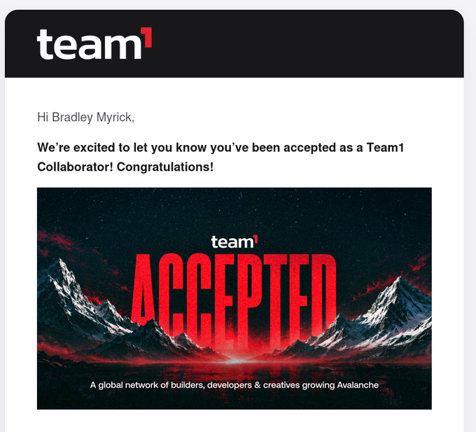 Team1 acceptance email addressed to 'Hi Bradley Myrick,' congratulating him on becoming a Team1 Collaborator with the 'ACCEPTED' mountain banner image.