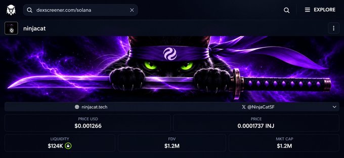 A DexScreener page for the Solana token "ninjacat" ($NINJACAT) is displayed, showing the project's purple ninja-themed banner art alongside key metrics: price of $0.001266, liquidity of $124K, and market cap of $1.2M. The image visually reinforces the post's reference to "a sword that needs studying" by showcasing the katana-wielding ninja cat branding central to its token marketing.
