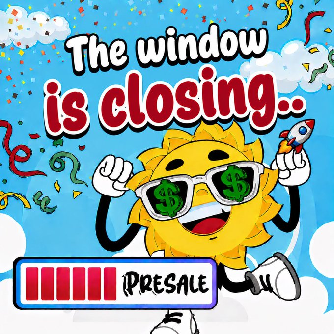 A cartoon sun character wearing "$" sunglasses holds a rocket amid confetti, with text reading "The window is closing.." and a "PRESALE" progress bar. The image visually reinforces the post's urgency about closing the presale window for $ANSEM and SummerTokenSol, using the rocket and countdown-style graphic to signal that early investors still have a limited chance to buy before the next phase.