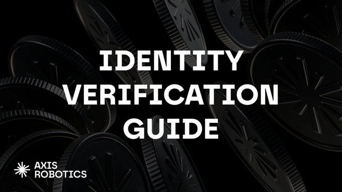 A thumbnail-style graphic for an 'IDENTITY VERIFICATION GUIDE' by Axis Robotics, set against a dark background of mechanical gears.