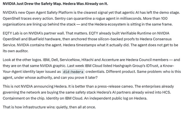 An article titled 'NVIDIA Just Drew the Safety Map. Hedera Was Already on It.' discusses the Open Agent Safety Platform and how the Hedera ecosystem is integrated with NVIDIA's technology.
