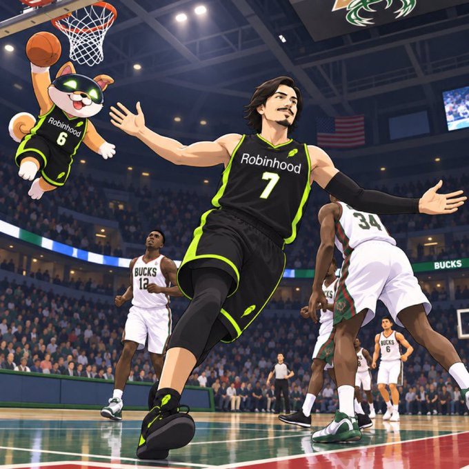 An illustration of a Robinhood-themed basketball scene featuring a mascot cat and players in Robinhood jerseys (numbers 6 and 7) playing against the Bucks in an arena.