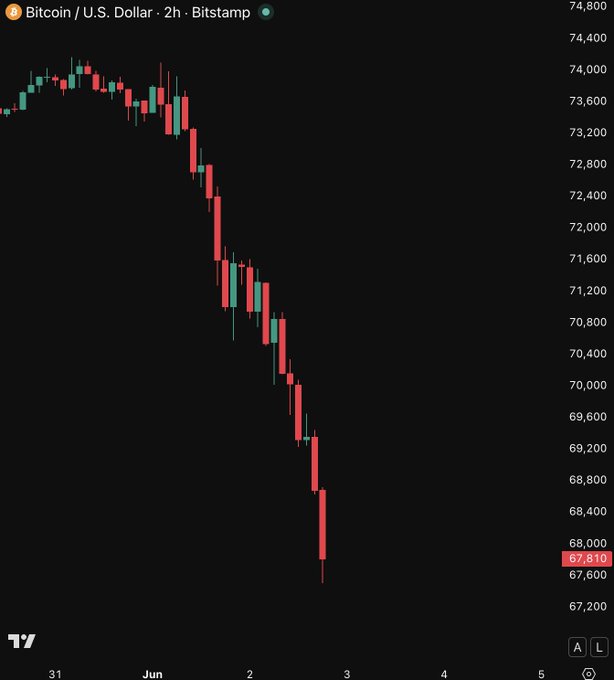 The image displays a black and white graph showing the drop of Bitcoin's value from $68,000 to -5.3%. The graph spans from 0 to 100% with intervals of 5%. The Bitcoin price has been continuously decreasing over time, and at this moment, it is at -53.17%, which was seen on May 20th. This information aligns perfectly with the given post's context that talks about a "crash" in the Bitcoin price.