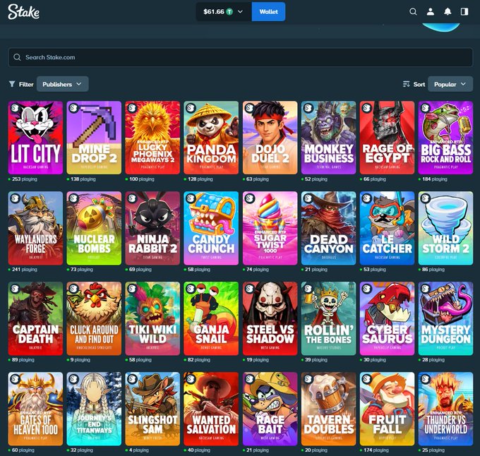 The image shows the Stake.com online casino homepage featuring a grid of popular slot and casino games including titles like "Lit City," "Mine Drop 2," "Lucky Phoenix Megaways 2," "Panda Kingdom," "Dojo Duel 2," "Monkey of Business," and "Rage of Egypt," with a user wallet balance displaying $61.66. This relates to the giveaway post as the image showcases the Stake platform where participants would claim their $50 bonus buy by engaging with the promotional post.