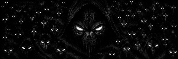 A dark, stylized illustration featuring a central hooded, menacing figure with glowing white eyes, surrounded by a repeating pattern of similar hooded faces against a black background.