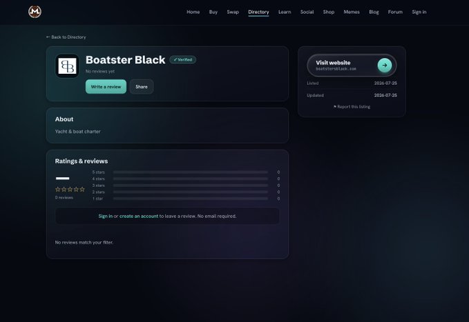 A dark-themed directory listing page for 'Boatster Black' marked as 'Verified', describing a 'Yacht & boat charter' with 5-star reviews from 8 reviewers, listing the website boatsterblack.co.