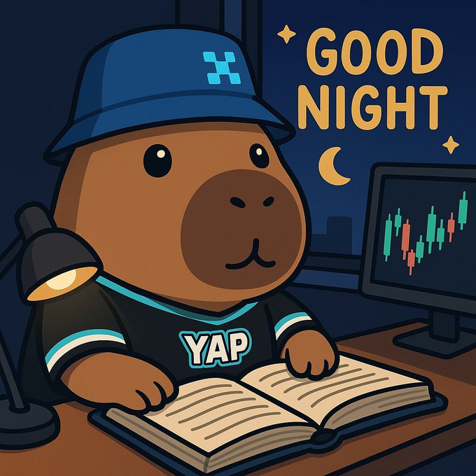 A cartoon capybara character wearing a blue bucket hat and a 'YAP' jersey, reading a book at a desk with a computer showing a trading chart and 'GOOD NIGHT' text with stars and a moon.