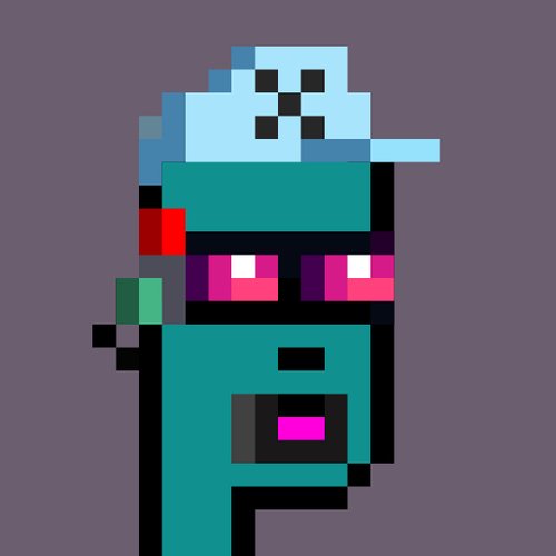 A pixel art character with teal skin, pink-magenta eyes, a white cap, and a green shoulder piece against a dark purple background.