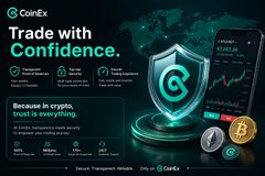 A promotional banner for CoinEx featuring the slogan "Trade with Confidence" and a glowing shield graphic, alongside stats like "3,800+ Cryptos" and "12M+ Users," with the post calling for the passage of the "Clarity Act" championed by Coinbase CEO Brian Armstrong as a catalyst for crypto adoption.