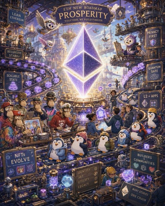 A vibrant digital illustration titled 'ETH NEW ROADMAP PROSPERITY - Together, We Build Forever' featuring the Ethereum logo surrounded by penguins, monkeys, and various banners mentioning 'Lean Ethereum', 'Privacy First', 'Quantum Safe', 'L2 + Apps', 'NFTs Evolve', 'Identity Art Utility Legacy', 'Builders Communities', and 'Many Stories One Chain'.