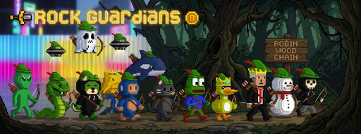 Pixel art banner for "Rock Guardians" showing a lineup of characters including Robin Hood, Wood, and Chikin against a forest backdrop.