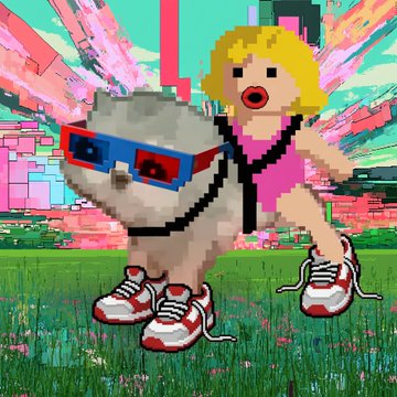 A pixelated digital artwork of a blonde figure and a gray cat-like character wearing red-and-blue 3D glasses, set against a colorful abstract background.