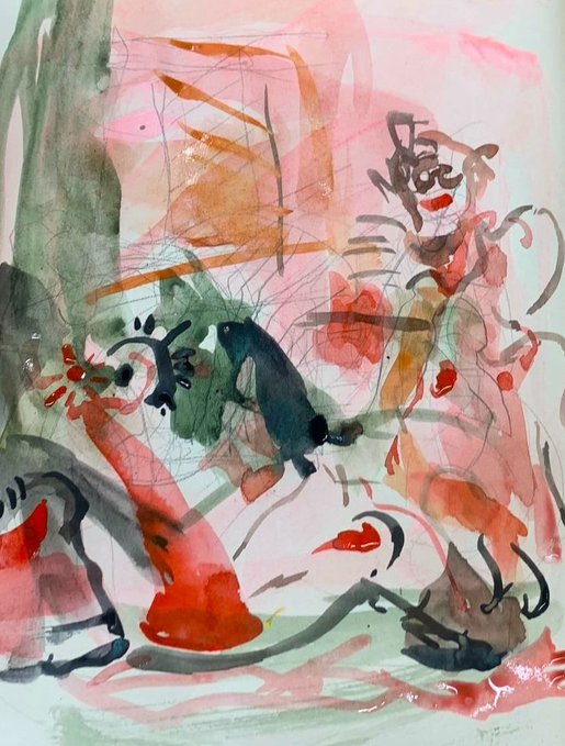 An abstract watercolor and ink painting uses loose washes of pink, green, and red with gestural black linework.