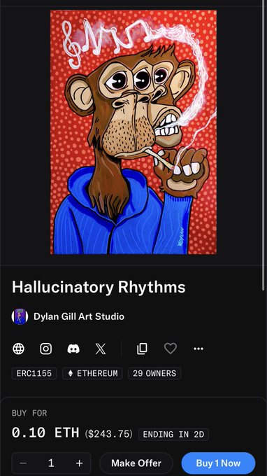 An NFT listing titled 'Hallucinatory Rhythms' by Dylan Gill Art Studio, showing a cartoon monkey smoking against a red dotted background, priced at 0.10 ETH ($243.75) with ERC1155 and 29 owners.