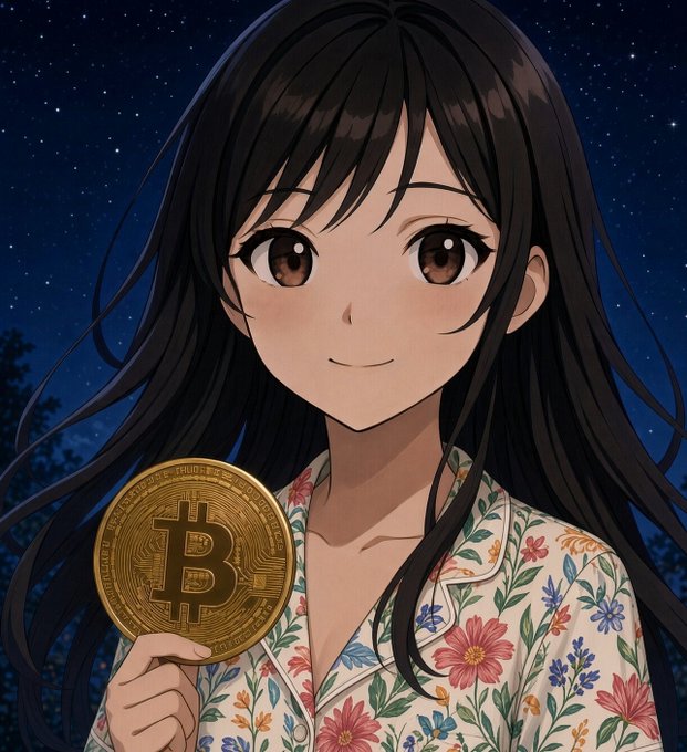 An anime-style illustration of a young woman with long black hair wearing a floral shirt, holding a physical Bitcoin coin against a starry night sky background.