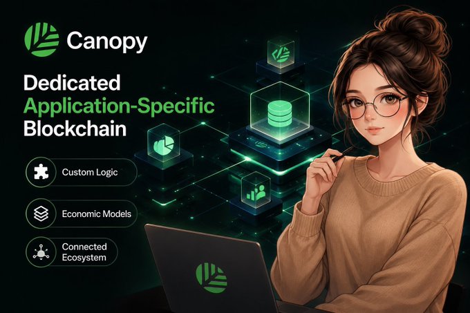 A promotional banner for 'Canopy' describing it as a 'Dedicated Application-Specific Blockchain' with features like Custom Logic, Economic Models, and Connected Ecosystem, illustrated with an anime-style woman working on a laptop.