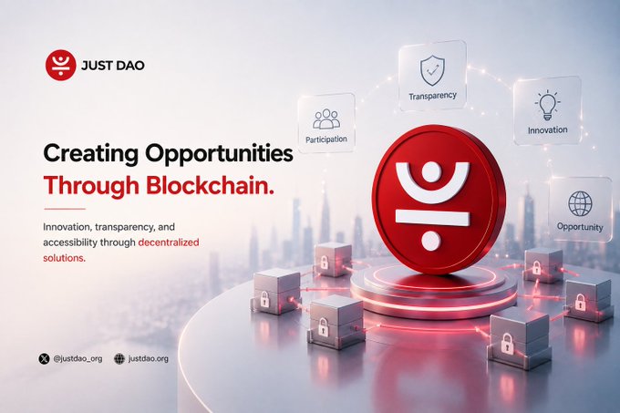 A promotional banner for 'JUST DAO' with the tagline 'Creating Opportunities Through Blockchain,' highlighting innovation, transparency, participation, and decentralized solutions.