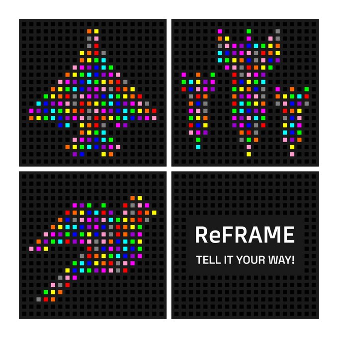 The image features a collection of four different images, each showcasing a unique piece of artwork. These artworks are arranged in a square format, creating a grid-like pattern with four rows and two columns. The first row displays an abstract tree made up of small squares, while the second row showcases a colorful mosaic composed of smaller squares. The third row features a black and white image of a bird, and the fourth row presents a vibrant piece of art in various colors. Each artwork is accompanied by text that reads "Tell it your way" at the bottom of each image.