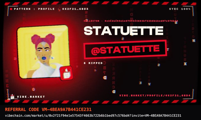 A red-themed digital collectible profile card labeled 'STATUETTE' and '@STATUETTE' showing a stylized pink-haired figure, with referral code 'VM-4BEA9A7B441CE231' and a v1be.market link.