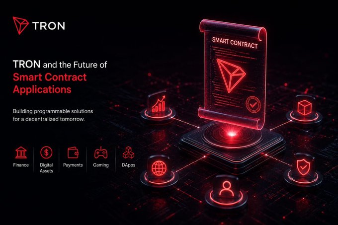 A red and black promotional graphic for TRON titled 'TRON and the Future of Smart Contract Applications' with the tagline 'Building programmable solutions for a decentralized tomorrow,' featuring icons for Finance, Digital Assets, Payments, Gaming, and DApps.