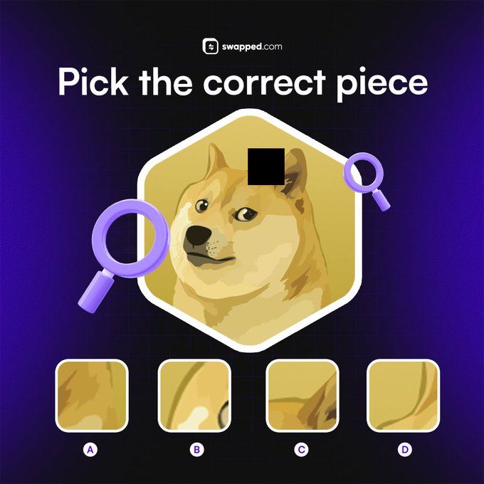 A "Pick the correct piece" puzzle from swapped.com features a Shiba Inu dog image with a missing black square on its forehead, offering four options (A-D) to complete the Dogecoin ($DOGE) graphic for a $100 giveaway.