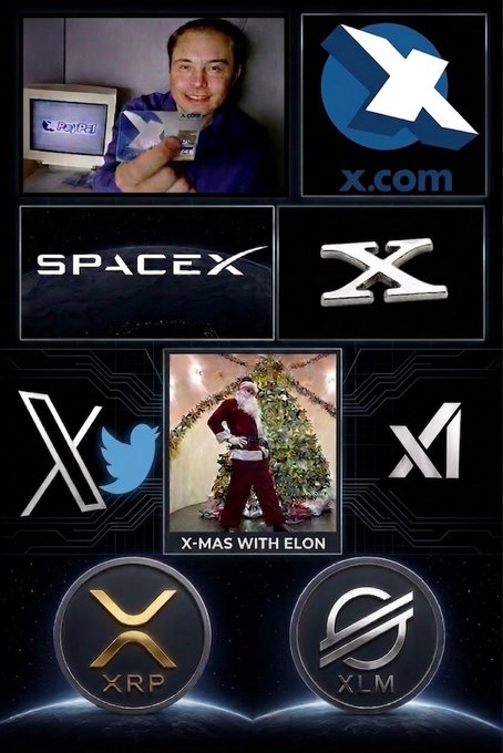 A collage featuring Elon Musk's various "X" branded companies, including x.com, SpaceX, X (formerly Twitter), and a "X-MAS WITH ELON" image of Santa, along with XRP and XLM cryptocurrency logos.