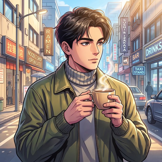 An anime-style illustration of a young man with brown hair holding a steaming cup of coffee, standing on a city street with signs for a ramen shop, sushi & izakaya bar, and a taxi stand visible in the background.