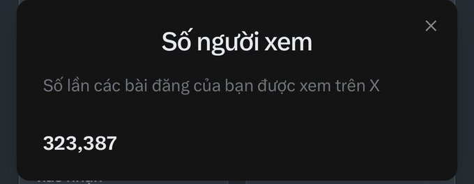 A black popup displays Vietnamese text "Số người xem" (Number of views) with the subtitle "Số lần các bài đăng của bạn được xem trên X", showing a count of 323,387.
