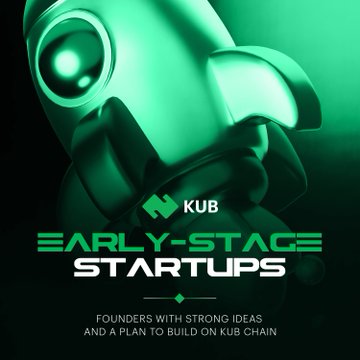 The image features a green rocket ship with a white nose and tail, which appears to be a 3D rendering of an early-stage start-up company logo. The rocket ship is positioned centrally against a black background, drawing attention to its design and message. The text in the image reads "Early-Stage Startups: Founders with strong ideas and a solid plan to build on KUB Chain." This suggests that the rocket ship represents the start-up company's mission or vision for growth and expansion within the early-stage start-up ecosystem.