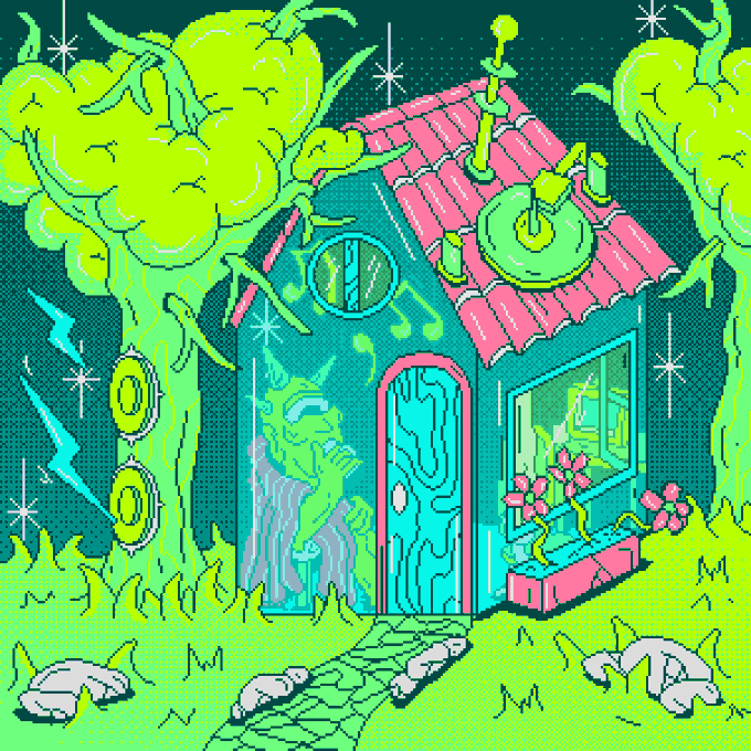 A vibrant neon-colored digital illustration depicts a whimsical house with a pink roof, surrounded by glowing green trees, swirling clouds, and a small figure near the door.