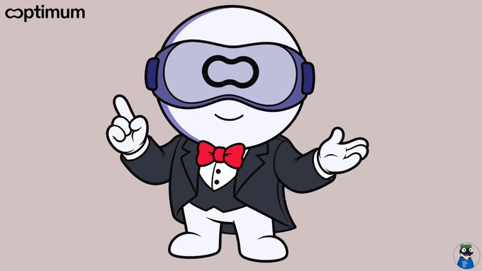 An illustration of a cartoon character wearing a virtual reality headset, a tuxedo, and a red bow tie, with the word 'optimum' in the top left corner.