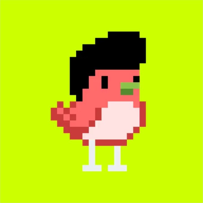 A pixel art illustration of a pink and white bird character with black hair and a green beak, standing on a bright green background.