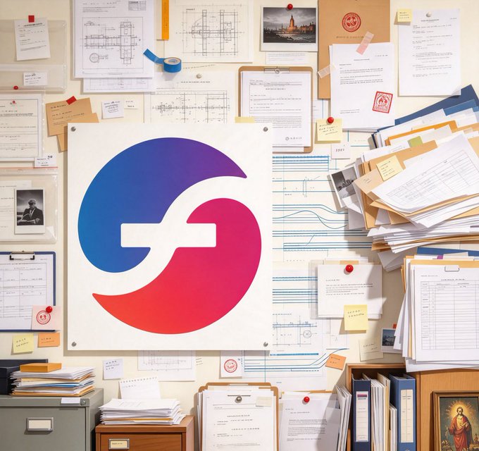 A stylized blue, purple, and pink 'G' logo is mounted on a wall covered with pinned documents, blueprints, photographs, and file folders, resembling a detective's evidence board.