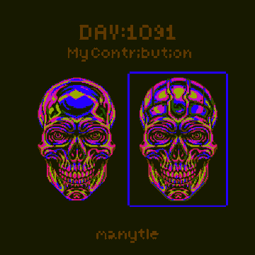 A dark pixel art graphic featuring two colorful neon skulls, with the text "DAY:1031 My Contribution" at the top and "manyte" at the bottom.
