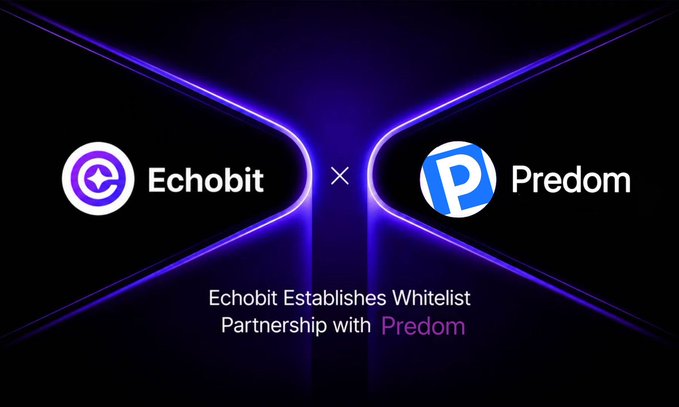 A promotional graphic announcing "Echobit Establishes Whitelist Partnership with Predom," featuring the Echobit and Predom logos separated by an "×" symbol against a dark background with glowing purple neon lines, visually representing the strategic collaboration between the two platforms to enhance decentralized finance.