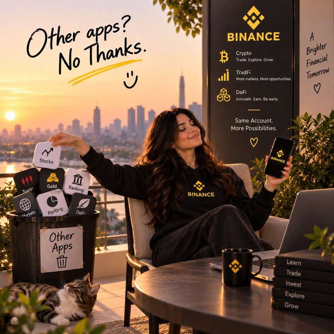 A promotional Binance ad showing a woman relaxing in a hoodie dismissing a trash bin labeled 'Other Apps' containing Stocks, Trading, Gold, Banking, Markets, Porting, and DeFi icons, with 'Other apps? No Thanks.' text.