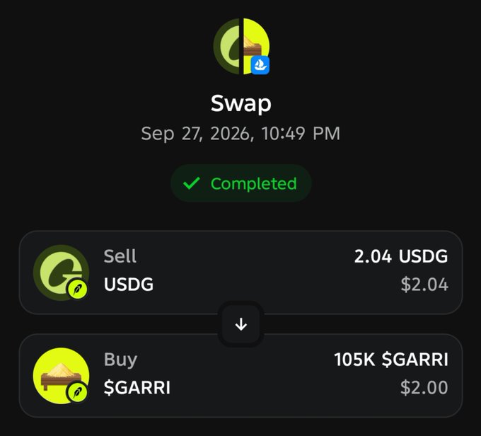 A screenshot of a completed crypto swap transaction dated Sep 27, 2026, showing 2.04 USDG sold for 105K $GARRI.