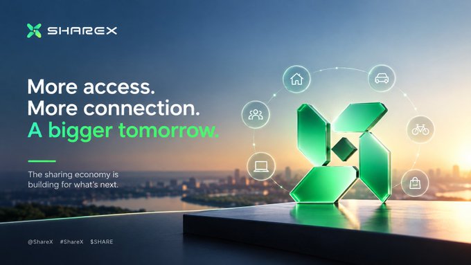 A promotional banner for 'SHAREX' with the tagline 'More access. More connection. A bigger tomorrow' and the subtitle 'The sharing economy is building for what's next,' featuring a 3D green logo and icons representing various connected services like housing, transportation, and people.