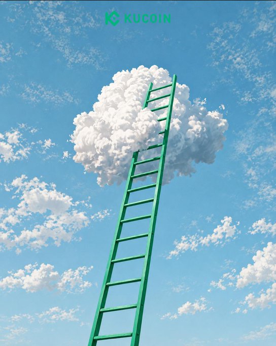 A green ladder stretches up into the sky, its top disappearing into a fluffy white cloud, with the "KUCOIN" logo displayed at the top against the blue sky. The image visually echoes the post's message about steady, upward growth—using the green KuCoin ladder rising into the clouds as a metaphor for reliable, ascending progress built on a solid foundation.
