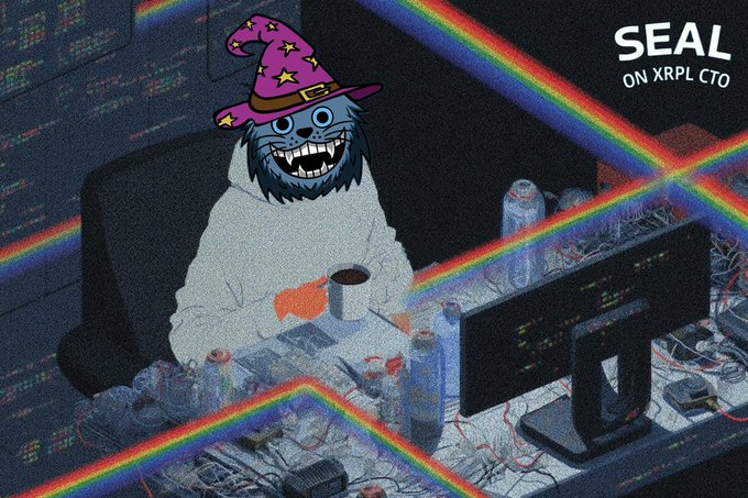 A cartoon yeti mascot wearing a purple wizard hat sits at a cluttered desk covered in energy drinks and electronics, with rainbow prisms cutting across the scene, captioned "SEAL ON XRPL CTO" in the top right. The image playfully illustrates the developer update about the Seal and Scroll NFT brokerage integration on sealonxrp.com, reflecting the chaotic yet accomplished "dev vibes" of finally routing brokerage fees correctly.