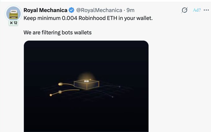 A tweet from Royal Mechanica (@RoyalMechanica) stating "Keep minimum 0.004 Robinhood ETH in your wallet. We are filtering bots wallets," accompanied by an image of a glowing gold cube labeled "RH" connected by glowing lines.
