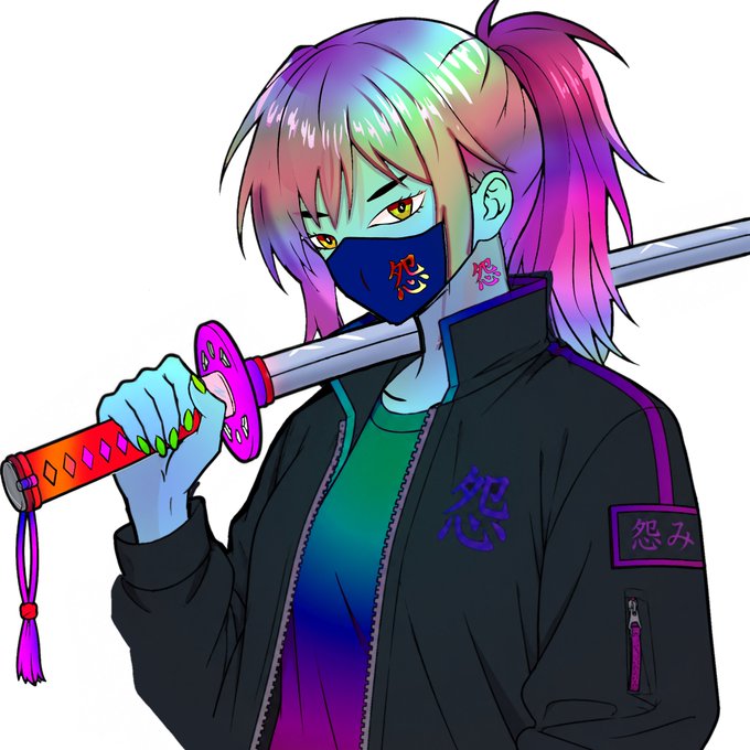 An anime-style illustration of a blue-skinned character with rainbow hair and a ponytail, wearing a black jacket and face mask adorned with Japanese kanji characters, holding a katana over their shoulder. The post references an OpenSea collection, suggesting this artwork serves as promotional or representative imagery for an NFT collection, possibly titled something starting with "yok" (likely "Yokai" or similar).