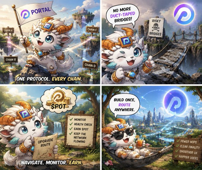 A four-panel promotional graphic for 'Portal' featuring a cute white furry mascot holding a flag, with text reading 'PORTAL', '1ONE PROTOCOL. EVERY CHAIN.', 'NO MORE DUCT-TAPED BRIDGES!', 'RISKY BRIDGES', 'SPOT', 'NAVIGATE. MONITOR. EARN.', 'MONITOR HEALTH CHECK', 'EARN SPOT', 'KEEP THE NETWORK FLOWING', 'BUILD ONCE, ROUTE ANYWHERE.', 'FEWER HOPS', 'CLEAR FINALITY', 'SMOOTHER UX', 'HAPPIER USERS'.